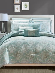 Zarina 10 Piece Reversible Comforter Bed in a Bag Ruffled Pinch Pleat Motif Pattern Print Complete Bedding Set