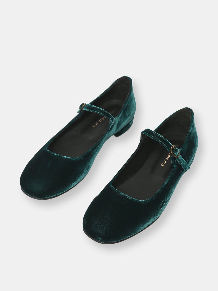 Colette Mary Jane in Verde Velvet Low Heels - Verde