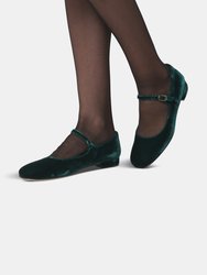 Colette Mary Jane in Verde Velvet Low Heels