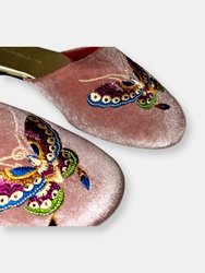 Embroidered butterfly in dusty pink velvet mules slippers