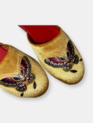 Embroidered butterfly in gold velvet mules slippers