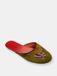 Embroidered Butterfly in Olive Velvet Mules Slippers