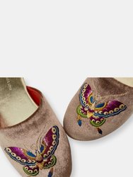 Embroidered Butterfly in Taupe Velvet Mules Slippers