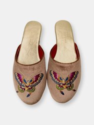 Embroidered Butterfly in Taupe Velvet Mules Slippers