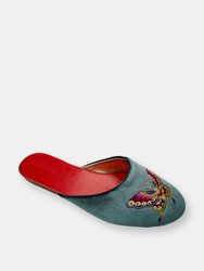 Embroidered Butterfly in Teal Velvet Mules Slippers