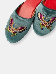 Embroidered Butterfly in Teal Velvet Mules Slippers