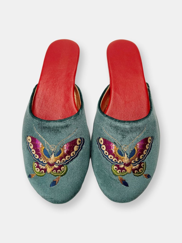 Embroidered Butterfly in Teal Velvet Mules Slippers