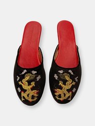 Embroidered Dragon in Black Velvet Mules Slippers - Black