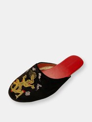 Embroidered Dragon in Black Velvet Mules Slippers