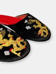 Embroidered Dragon in Black Velvet Mules Slippers