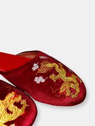 Embroidered Dragon in Red Wine Velvet Mules Slippers