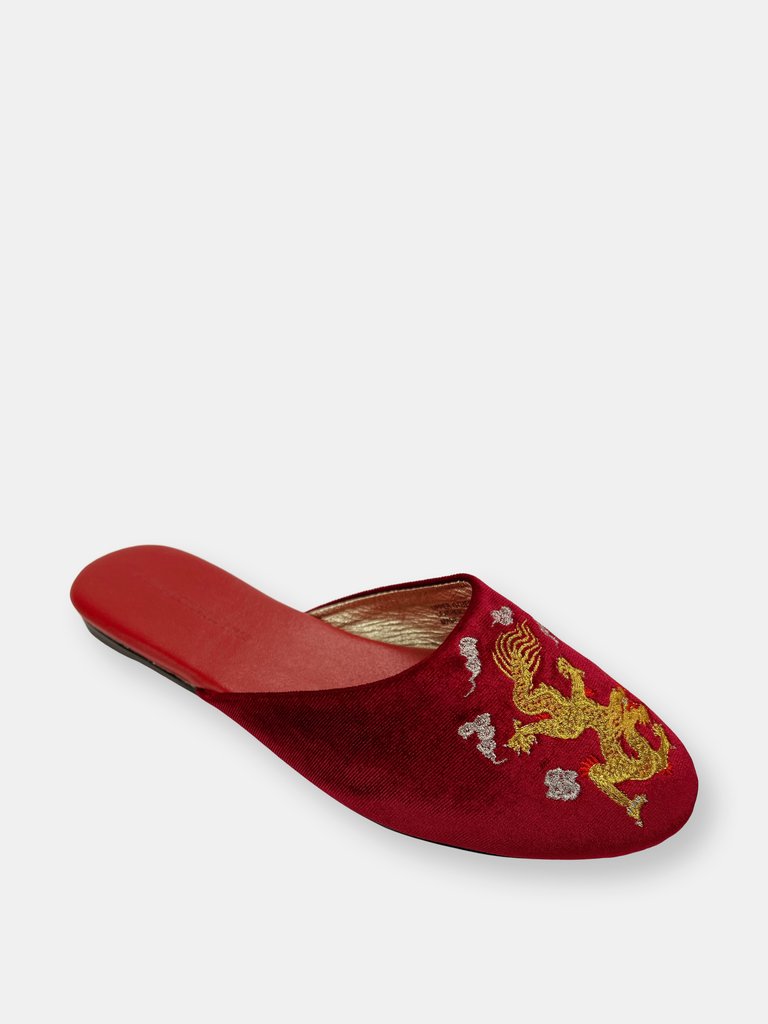 Embroidered Dragon in Red Wine Velvet Mules Slippers