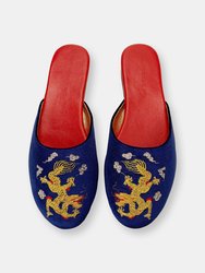 Embroidered Dragon in Royal Blue Velvet Mules Slippers