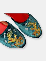 Embroidered Dragon in Teal Velvet Mules Slippers