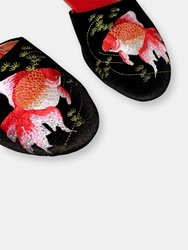 Embroidered Goldfish in Black Velvet Mules Slippers