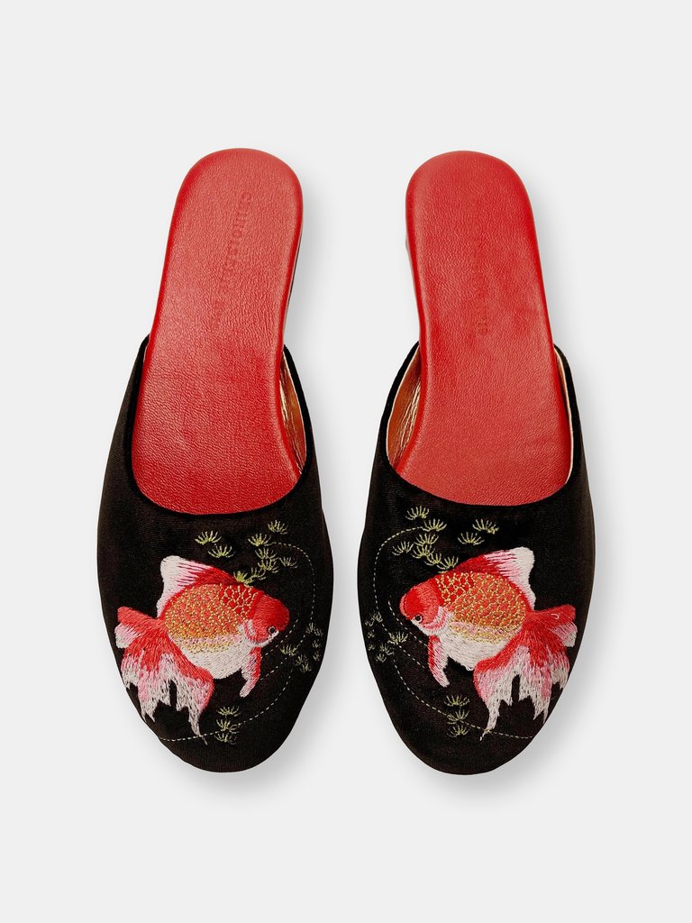 Embroidered Goldfish in Black Velvet Mules Slippers - Black