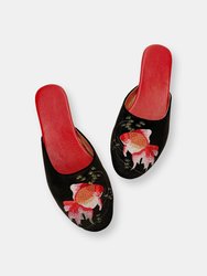 Embroidered Goldfish in Black Velvet Mules Slippers