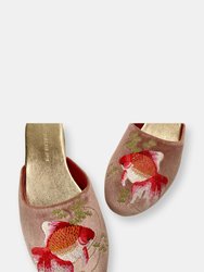 Embroidered Goldfish in Dusty Pink Velvet Mules Slippers