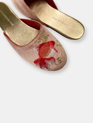 Embroidered Goldfish in Dusty Pink Velvet Mules Slippers