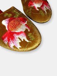 Embroidered Goldfish in Gold Velvet Mules Slippers