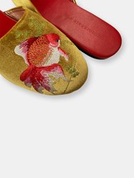 Embroidered Goldfish in Gold Velvet Mules Slippers