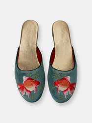 Embroidered Goldfish in Teal Velvet Mules Slippers