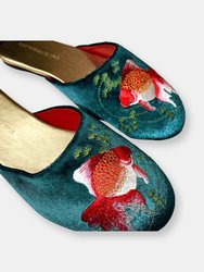 Embroidered Goldfish in Teal Velvet Mules Slippers