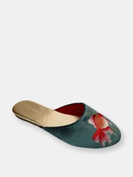 Embroidered Goldfish in Teal Velvet Mules Slippers