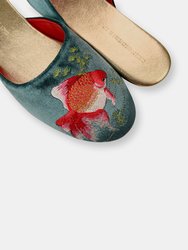 Embroidered Goldfish in Teal Velvet Mules Slippers