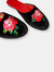 Embroidered Peony in Black Velvet Mules Slippers