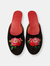 Embroidered Peony in Black Velvet Mules Slippers - Black