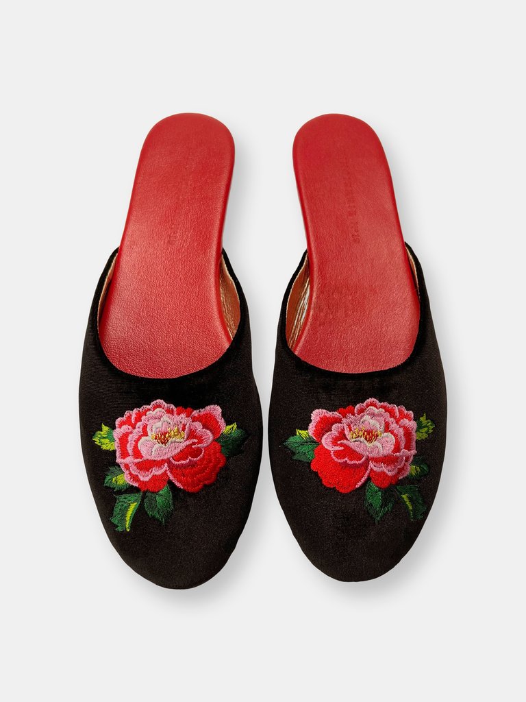 Embroidered Peony in Black Velvet Mules Slippers - Black