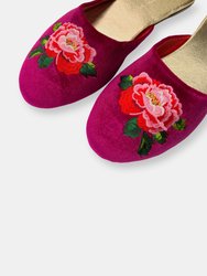 Embroidered Peony in Fuchsia Velvet Mules Slippers