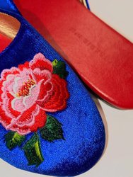 Embroidered Peony In Parisienne Blue Velvet Mules Slippers