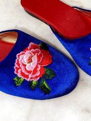 Embroidered Peony In Parisienne Blue Velvet Mules Slippers