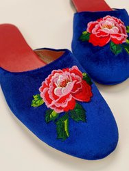 Embroidered Peony In Parisienne Blue Velvet Mules Slippers - Blue