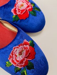 Embroidered Peony In Parisienne Blue Velvet Mules Slippers