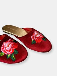 Embroidered Peony in Red Wine Mules Slippers