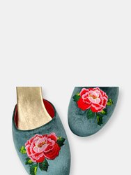 Embroidered Peony in Teal Velvet Mules Slippers