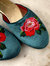 Embroidered Peony in Teal Velvet Mules Slippers