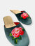 Embroidered Peony in Teal Velvet Mules Slippers