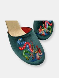 Embroidered Phoenix in Peacock Green Velvet Mules Slippers