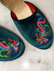 Embroidered Phoenix in Peacock Green Velvet Mules Slippers