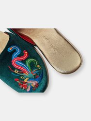 Embroidered Phoenix in Peacock Green Velvet Mules Slippers