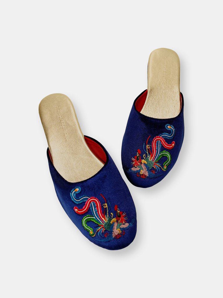 Embroidered Phoenix in Royal Blue Velvet Mules Slippers - Royal Blue