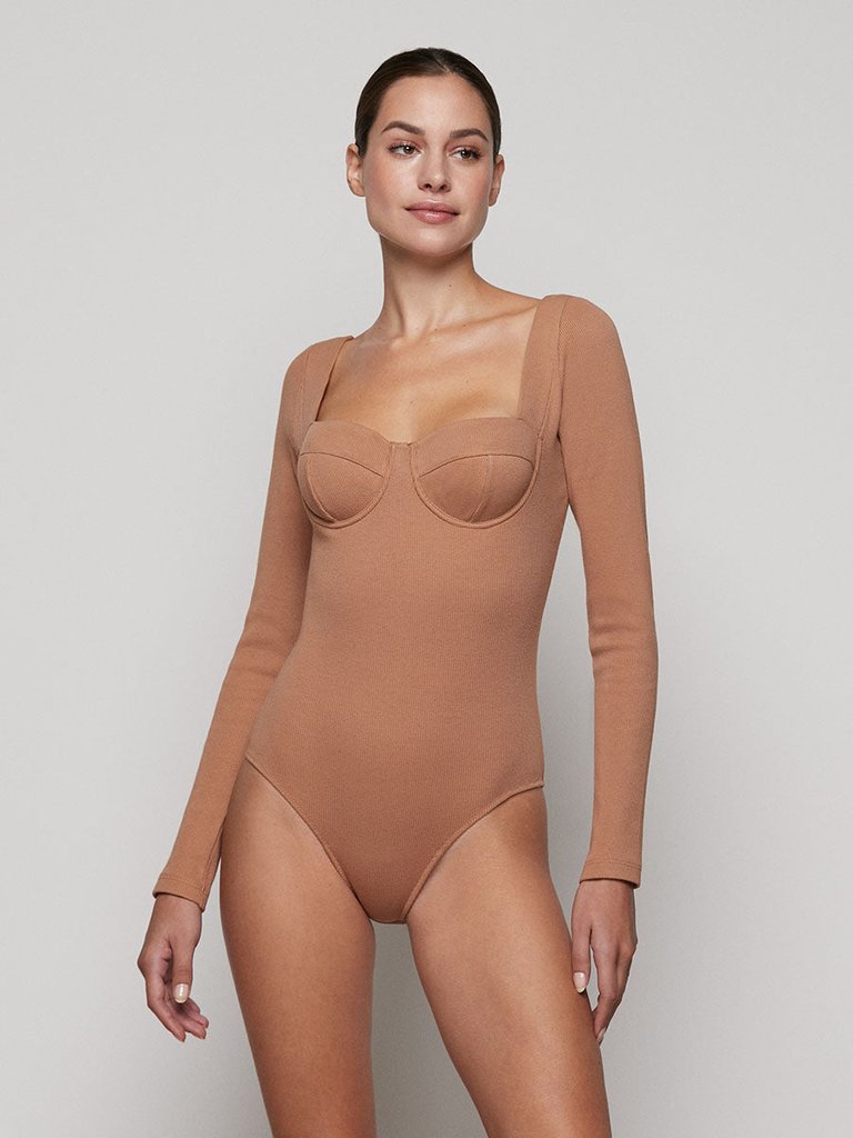 Long Sleeve Bodysuit In Organic Cotton - Bronze