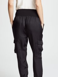 Women Giles Black Silk Cuffed Cargo Pockets Jogger Pants