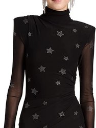 Women Marlene Rhinestone Star Black Mesh Strech Nylon Mini Dress - Black