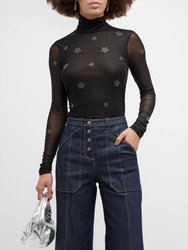 Women Star Shirred Mesh Turtleneck Top - Black