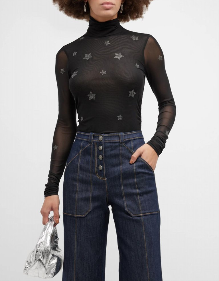 Women Star Shirred Mesh Turtleneck Top - Black